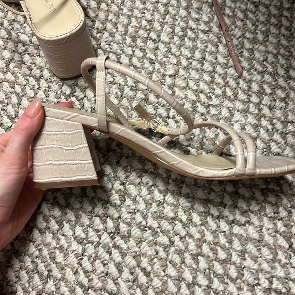 Nine W. nude crocodile block heel sandals